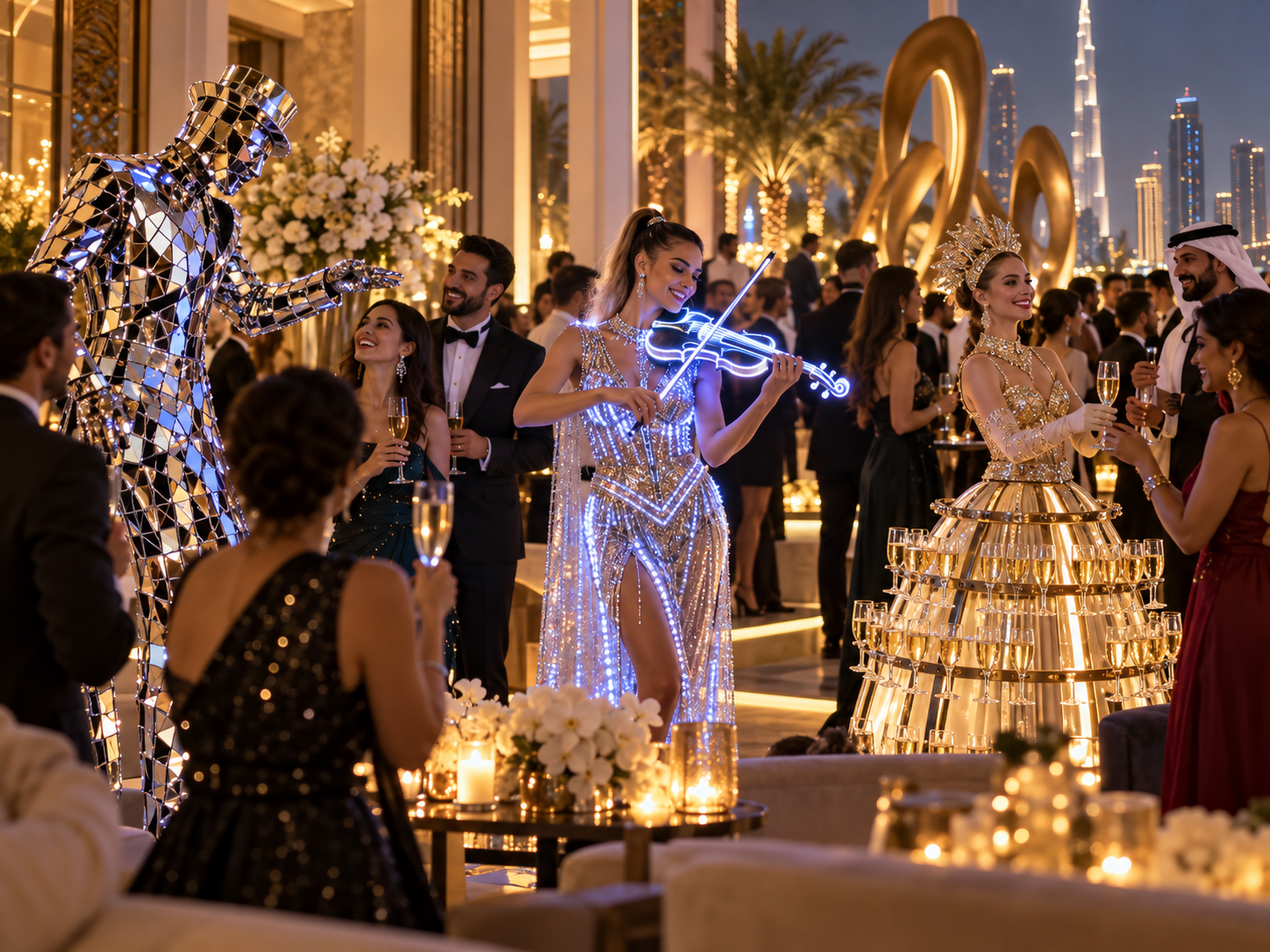 Roaming speciality entertainment at a luxury Dubai event featuring interactive performers and elegant guest engagement.