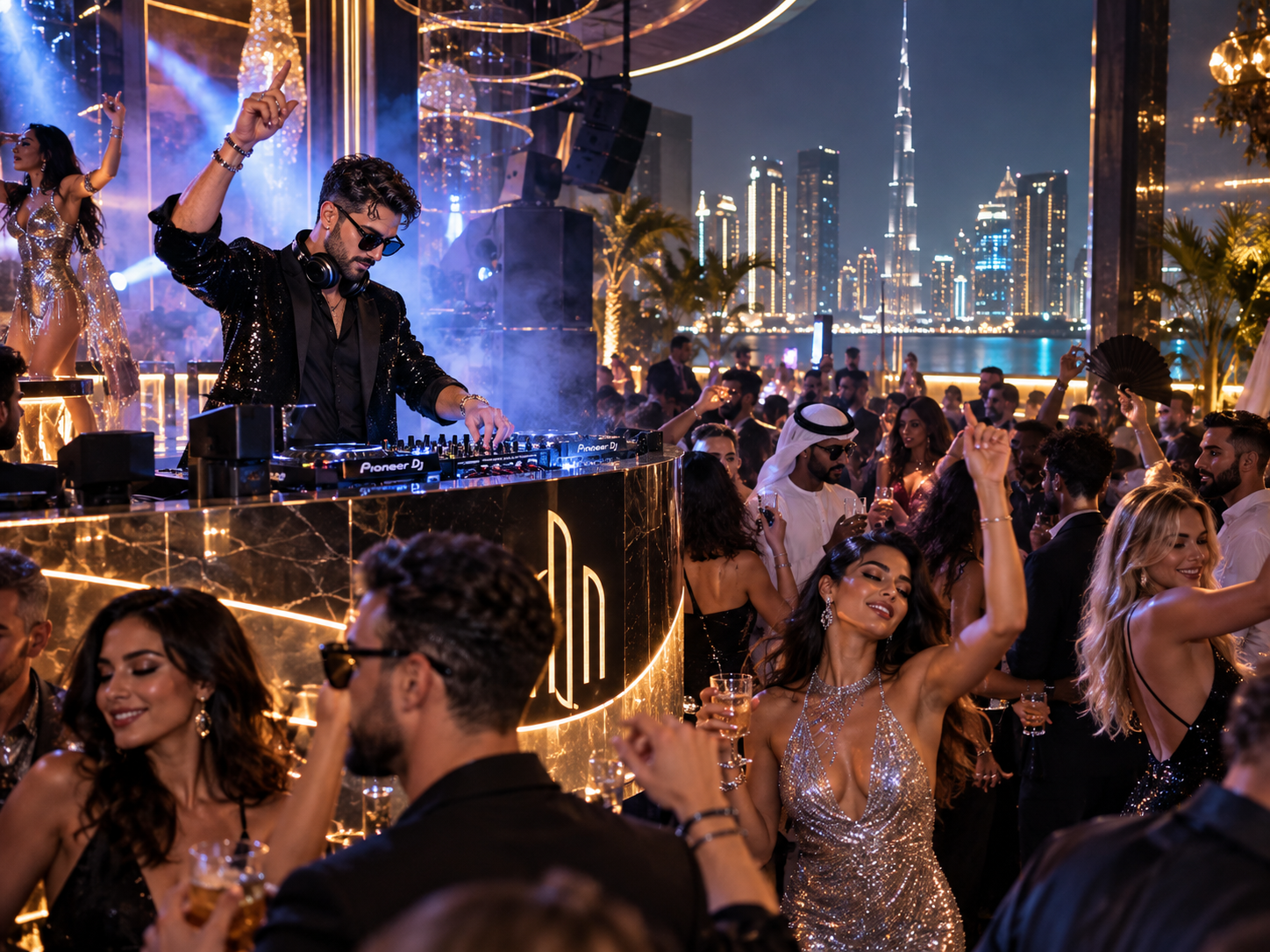 Late-night DJ entertainment with dynamic lighting, energetic crowd, and upscale rooftop nightlife atmosphere in Dubai.