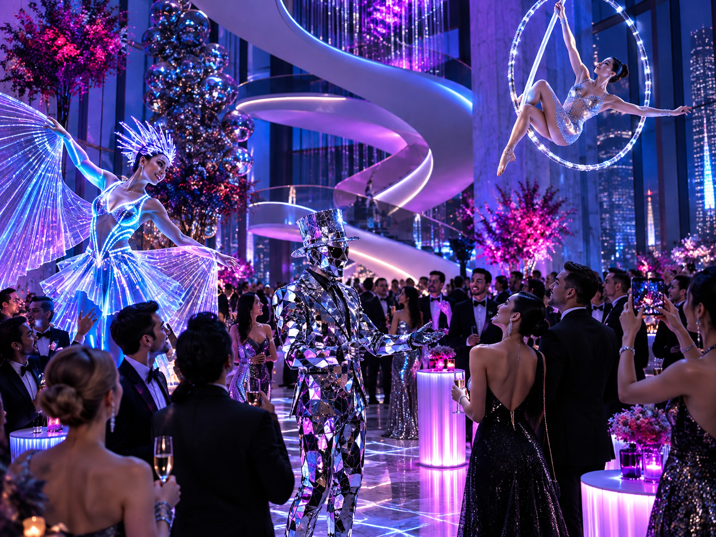 Futuristic event entertainment with LED performers, immersive visual styling, and a glamorous high-end gala setting.
