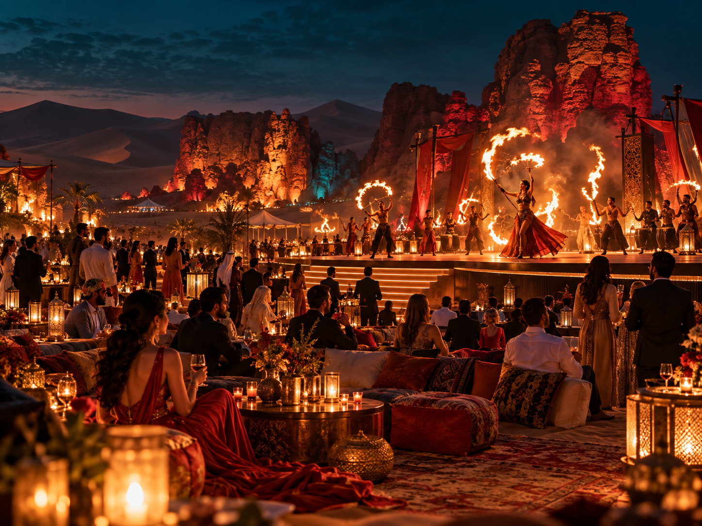 Luxury desert gala with fire performers, dramatic staging, and atmospheric live entertainment in an outdoor setting.