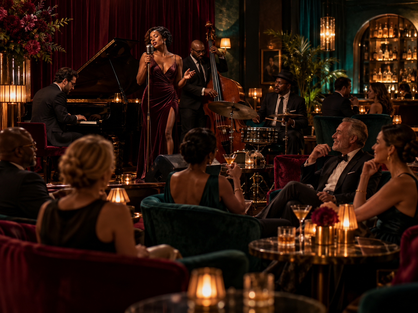 Elegant jazz lounge entertainment with live singer and musicians in a sophisticated late-night venue.