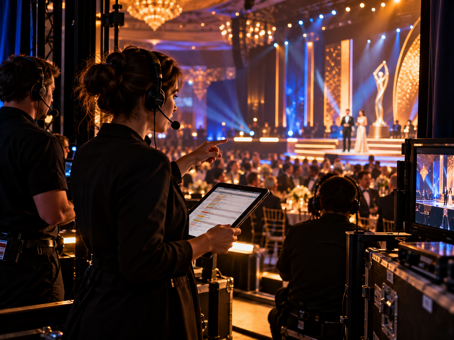 Professional event managers overseeing a live awards event from backstage with headsets, run sheets, and show control.