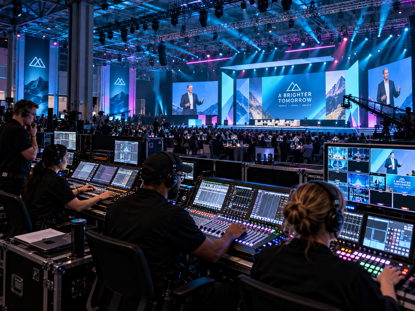 Front-of-house event production team managing lighting, sound, and video for a major live event in Dubai.