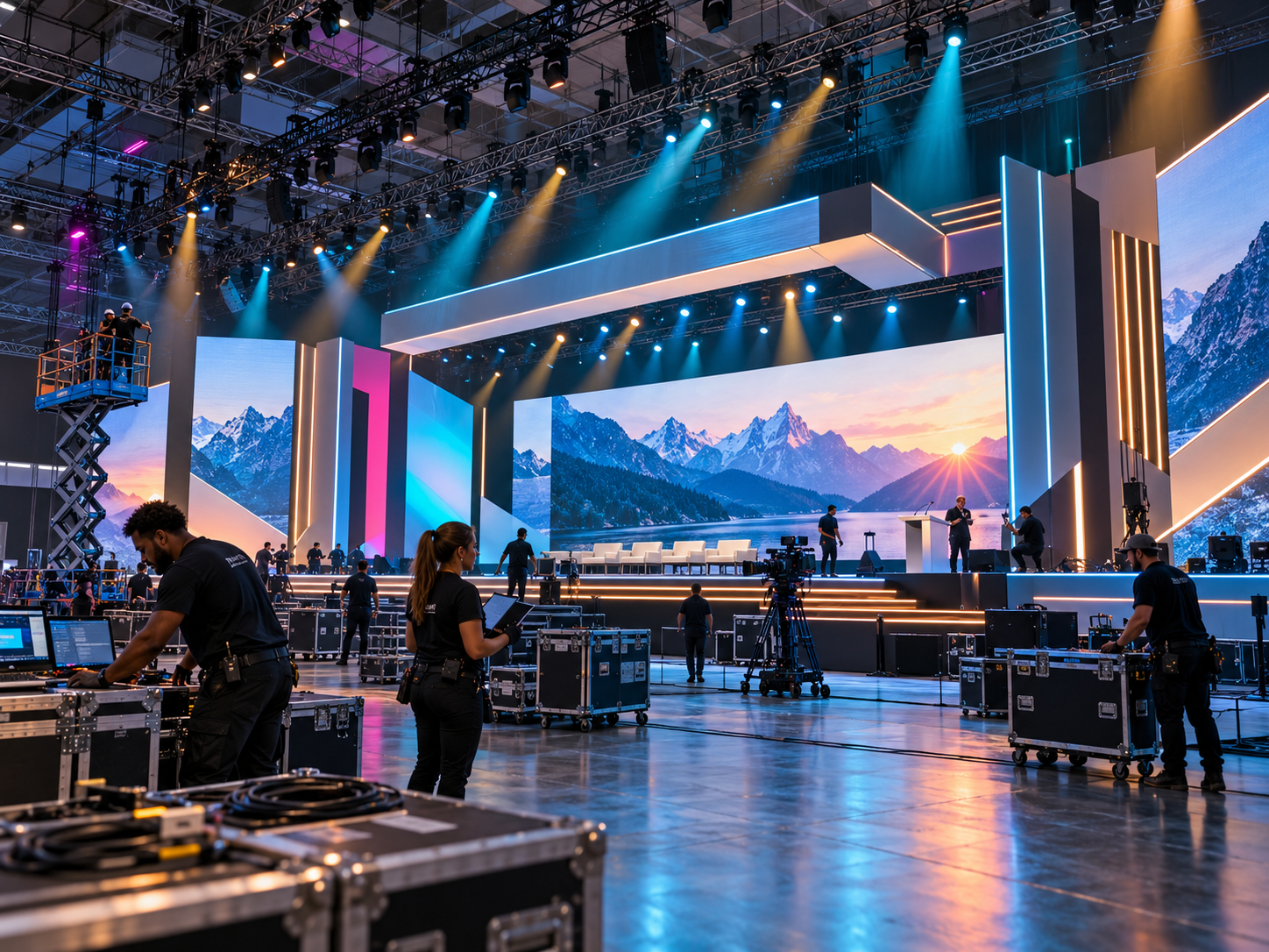 Large-scale event production scene showing scenic build, LED screens, staging, lighting, and crew at a premium corporate event.