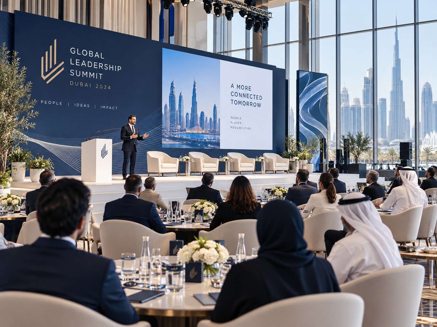 Modern Dubai conference with branded stage, seated delegates, professional AV, and a premium business event environment.