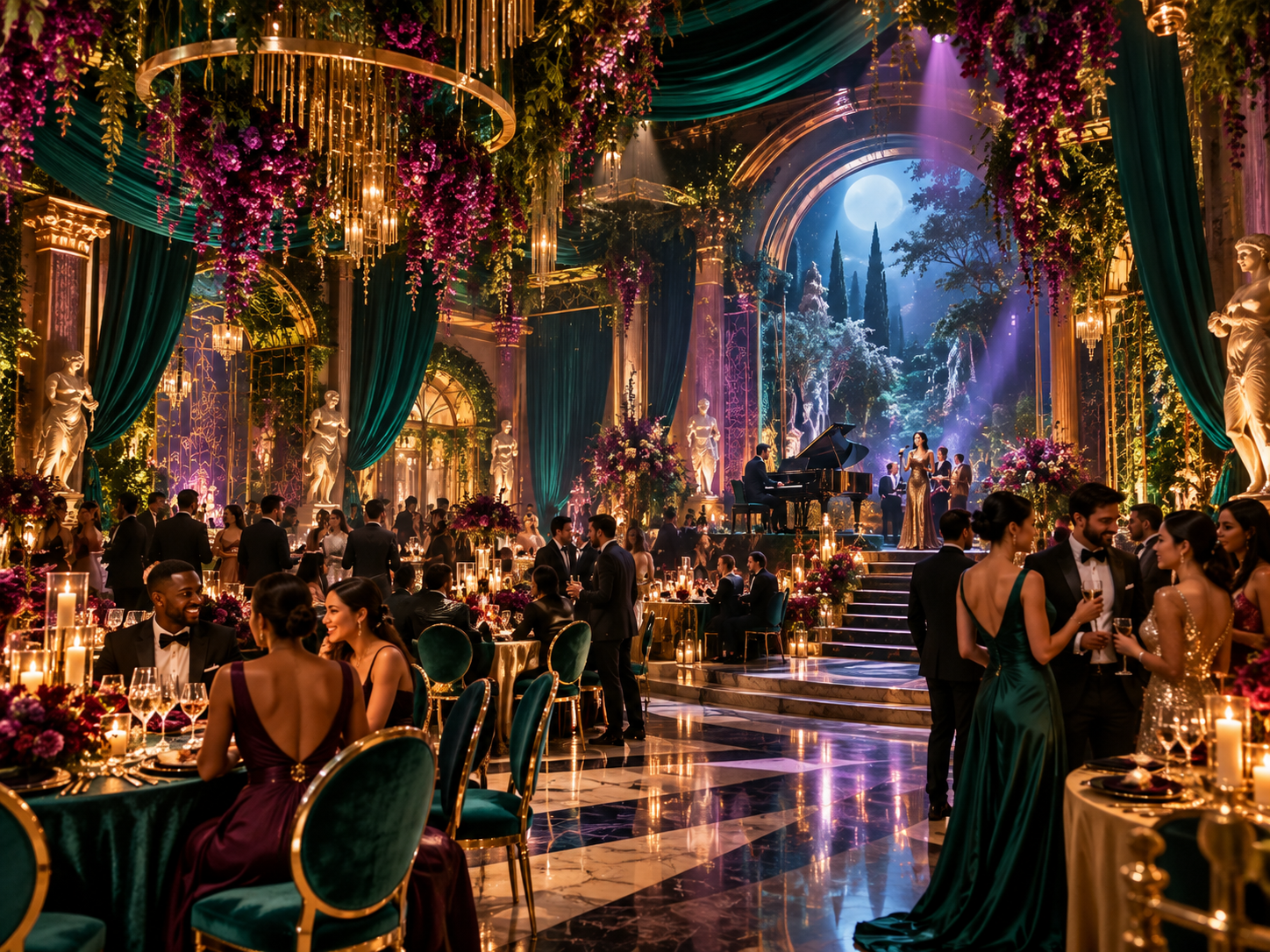 Luxurious themed event with immersive décor, theatrical lighting, premium styling, and a fully transformed ballroom environment.
