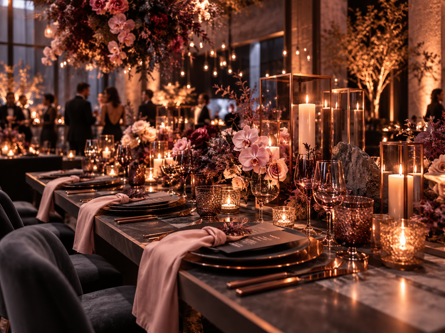Premium event styling with elegant tablescape, candles, florals, and atmospheric décor detail for a sophisticated themed event.