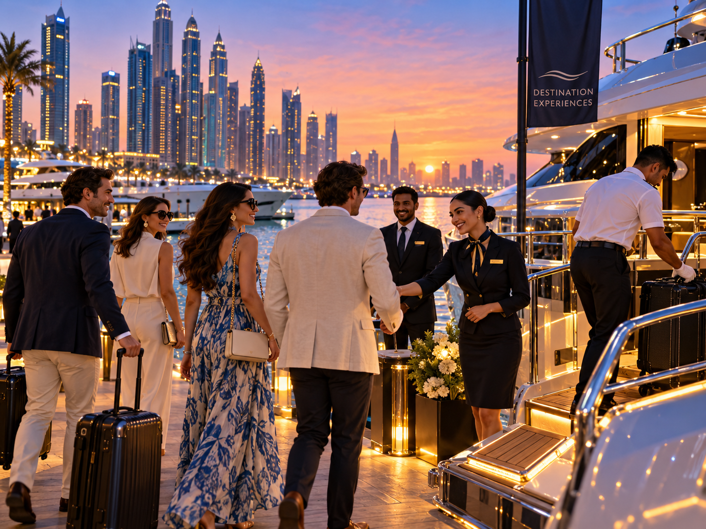High-end destination management experience welcoming guests to a luxury yacht event at Dubai Marina during sunset.