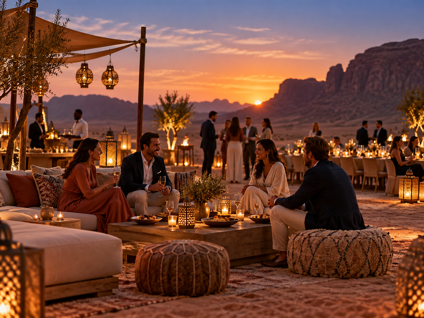 Upscale desert off-site programme with elegant lounge setup, sunset atmosphere, and premium guest hospitality.