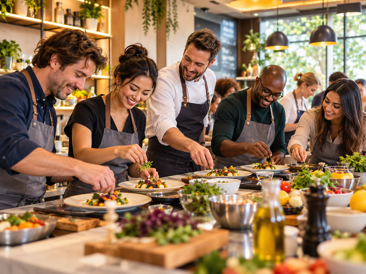 Engaging team building experience with colleagues collaborating in a premium cooking workshop environment.