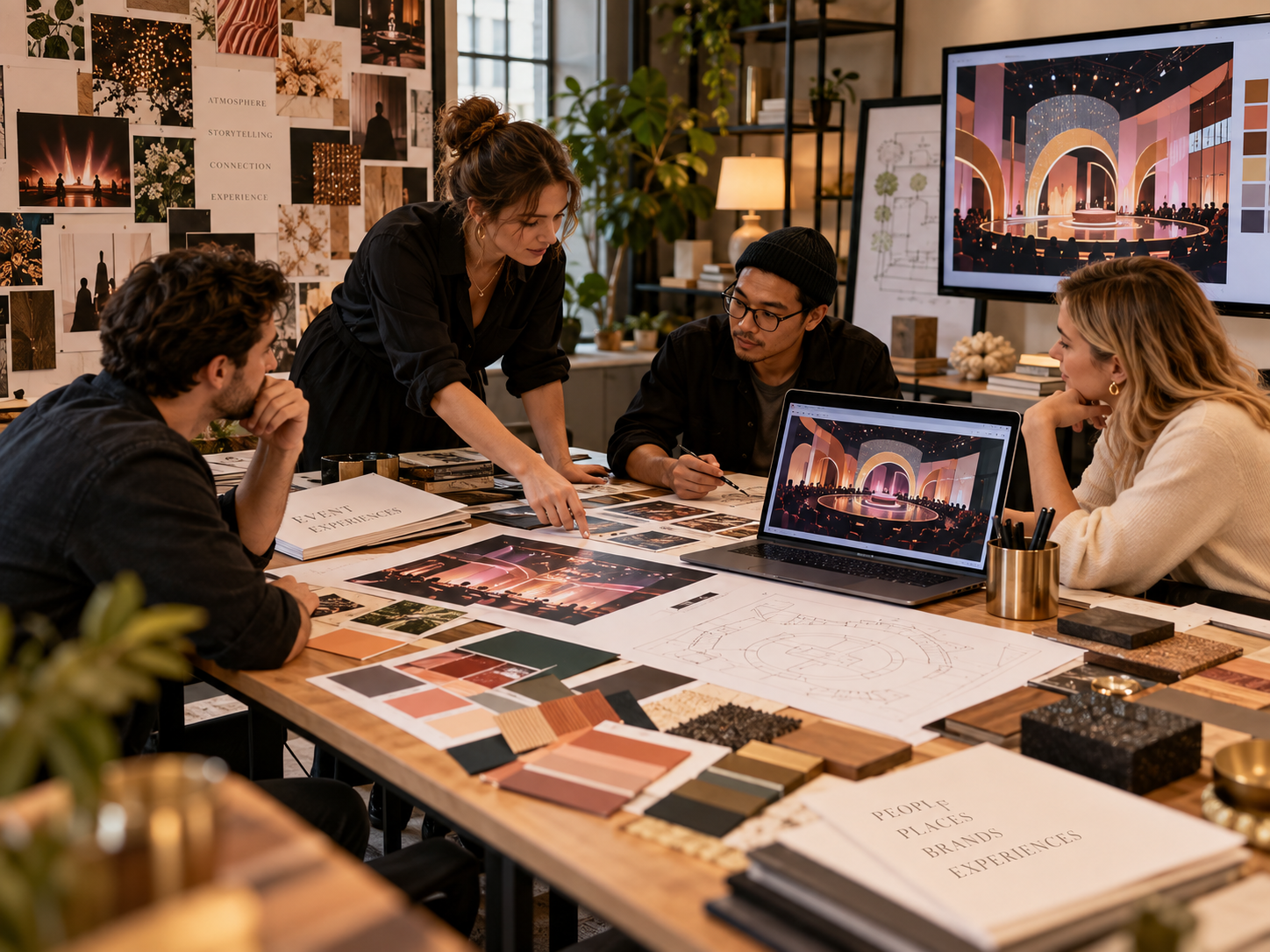 Event design team developing brand boards, stage concepts, floorplans, and visual ideas in a creative studio setting.
